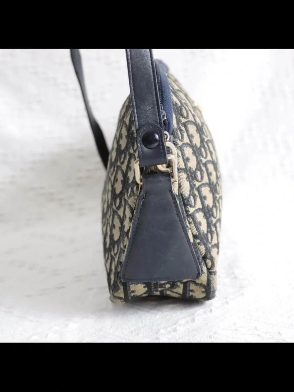 Dior Navy and Beige Monogram Shoulder Bag with Gold Accent